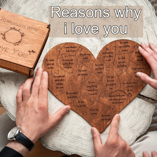 20 Reasons Why I Love You Wooden Heart Puzzle Valentines Day Gift For Him, Her, Couple - Wedding Anniversary For Wife, Husband - Christmas, Birthday Gifts For Fiance, Boyfriend, Girlfriend