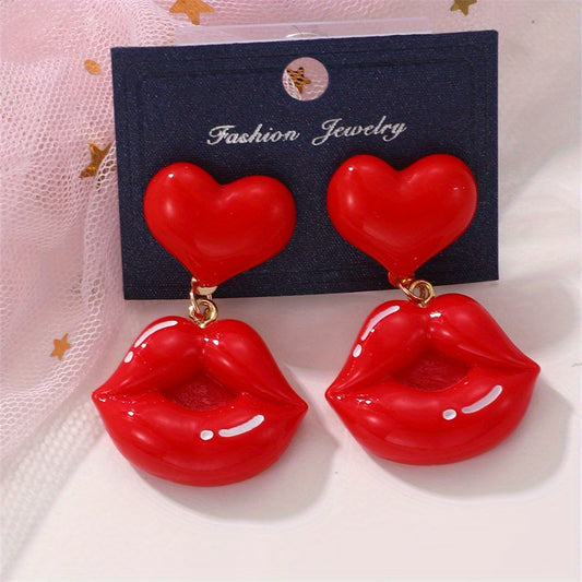 Chic Red Lips Acrylic Dangle Earrings - Perfect for Valentine's Day & Birthday Gifts, Stainless Steel Posts, Vacation-Ready Women's Fashion Jewelry