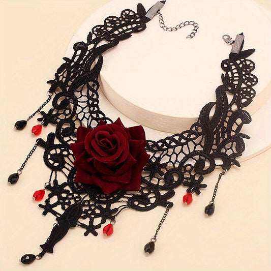 One Gothic Lace Choker Necklace - Adorned with a Dramatic Red Rose Accent, Featuring a Seductive Tassel Design, Crafted from Delicate Black Lace - Perfect for Spooky othic Party Costume Accessory, Embracing the Dark, Mystical Spirit of Gothic Culture