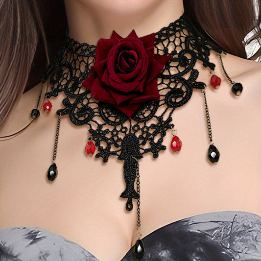 One Gothic Lace Choker Necklace - Adorned with a Dramatic Red Rose Accent, Featuring a Seductive Tassel Design, Crafted from Delicate Black Lace - Perfect for Spooky othic Party Costume Accessory, Embracing the Dark, Mystical Spirit of Gothic Culture