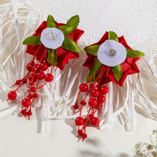 Vintage-Inspired Red Rose Beaded Dangle Earrings - Polyester Fiber, Perfect for Parties & Gifts