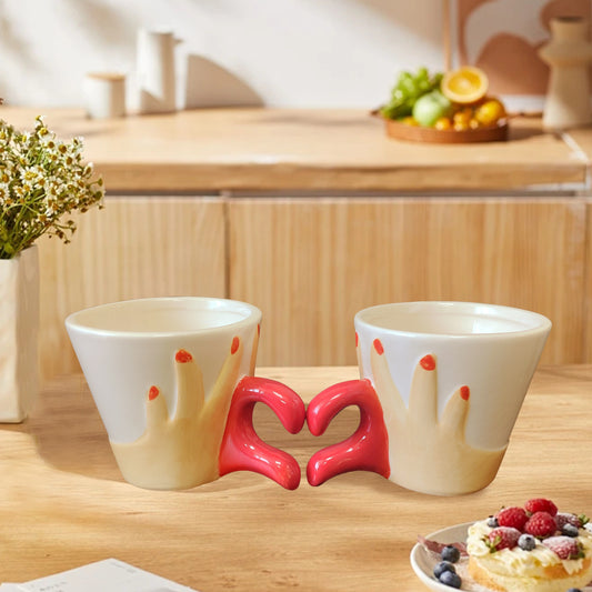 2-Piece Set Heart-Shaped Ceramic Coffee Couple Cups with Red Handle, Novelty Mugs for Indoor Table Decor, Christmas, Easter, Hanukkah, Thanksgiving & Valentine's Collectible Figurines - Various Room Compatibility, No Electricity Needed